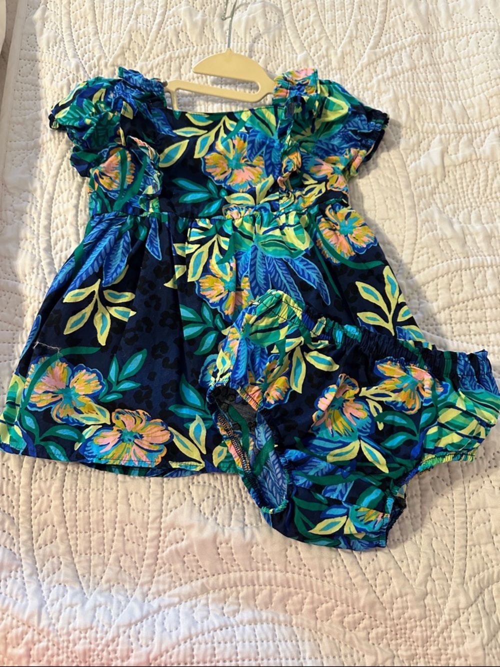 Lilly Pulitzer Navy Floral Ruffle Baby Dress & Bloomers - Blue, Green, Yellow